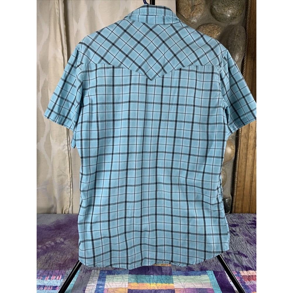 Vintage Wrangler Men’s Medium Blue Plaid Western Shirt Pearl Snaps Short Sleeve - Picture 4 of 7